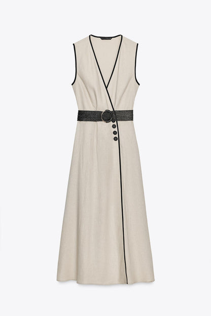 Linen Belted Midi Dress